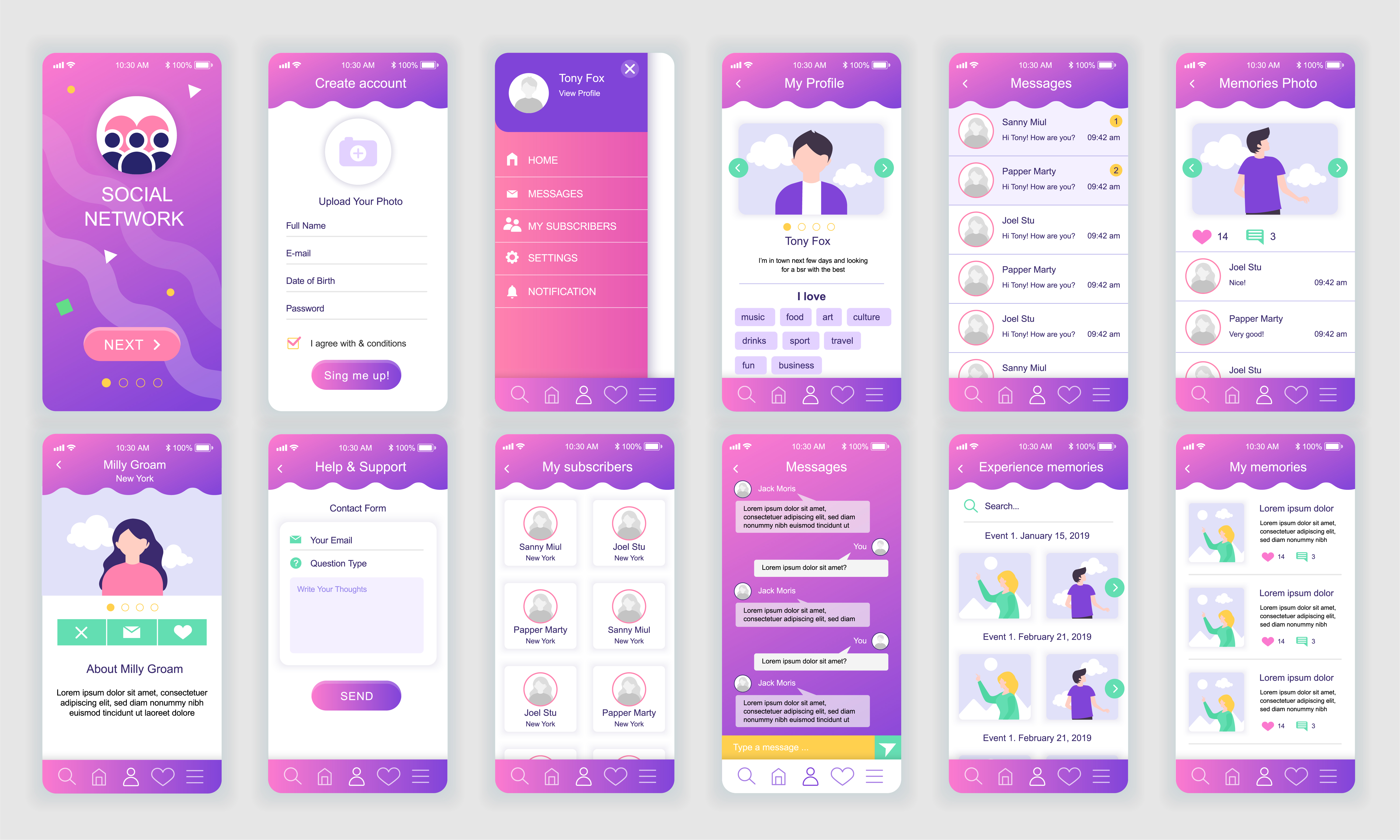 set-of-ui-ux-gui-screens-social-network-app-flat-design-template-for