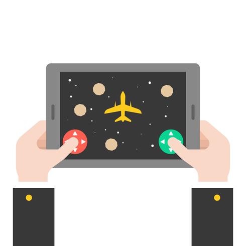 business hand holding tablet playing spaceship game, falt design vector