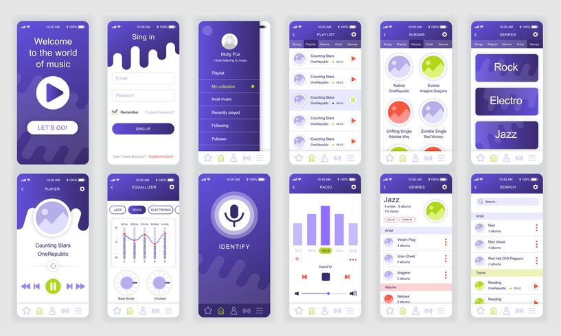 El conjunto de UI, UX, pantallas de GUI Plantilla de diseño plano de aplicaciones de música para aplicaciones móviles, sitios web receptivos alámbricos. Diseño web kit de interfaz de usuario. Tablero de instrumentos de música. vector