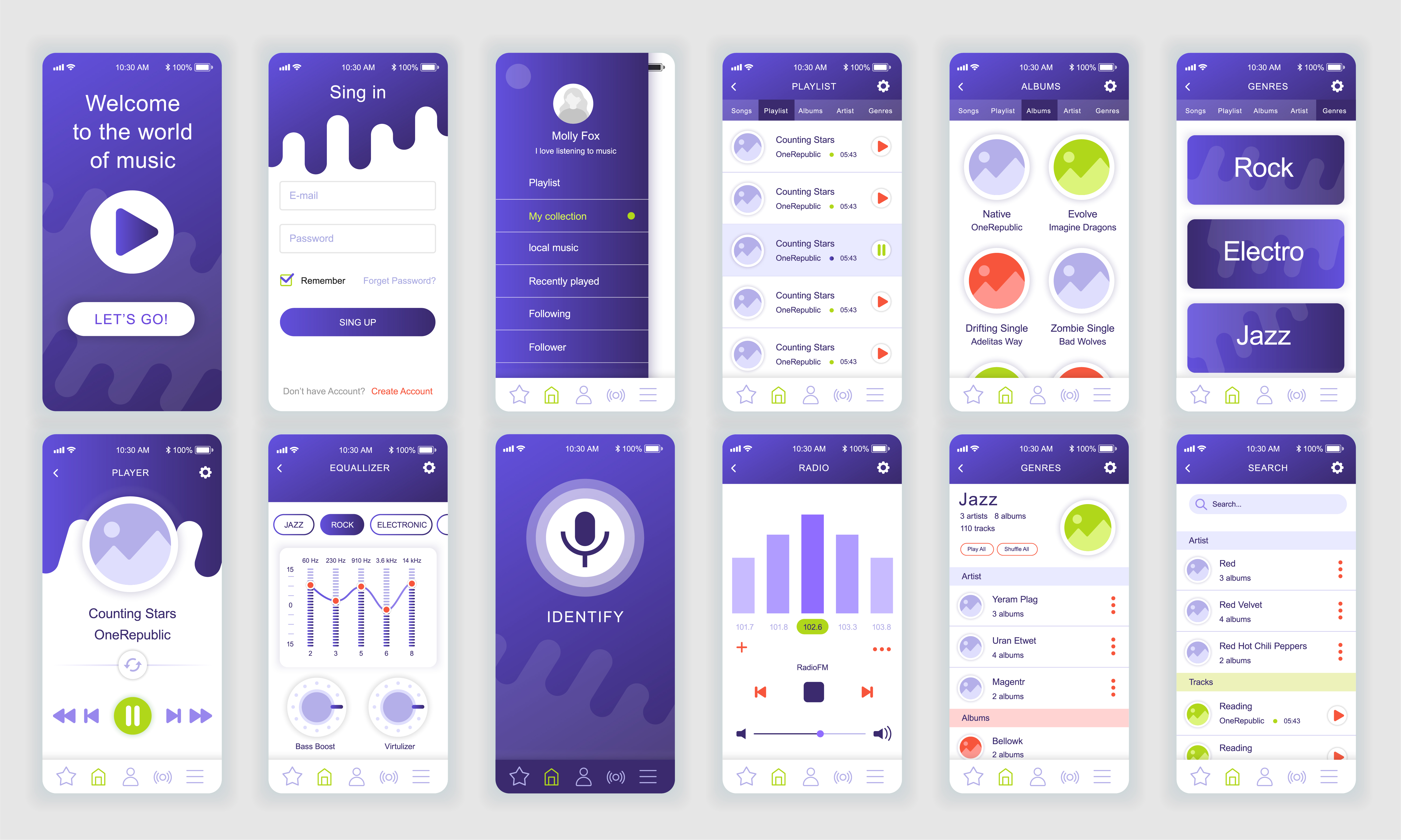 Set Of Ui Ux Gui Screens Music App Flat Design Template For Mobile