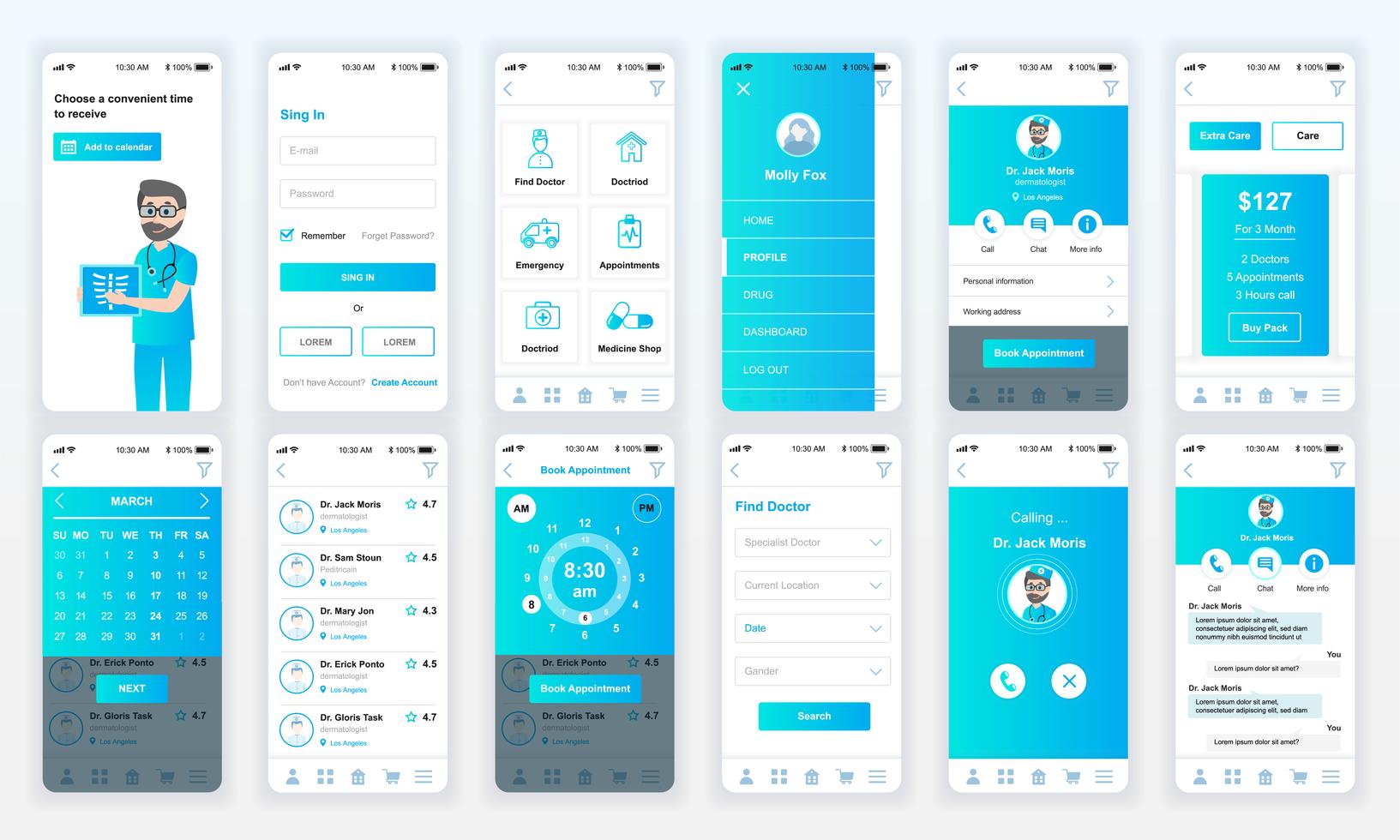 Set Of UI UX GUI Screens Medicine App Flat Design Template For Mobile 