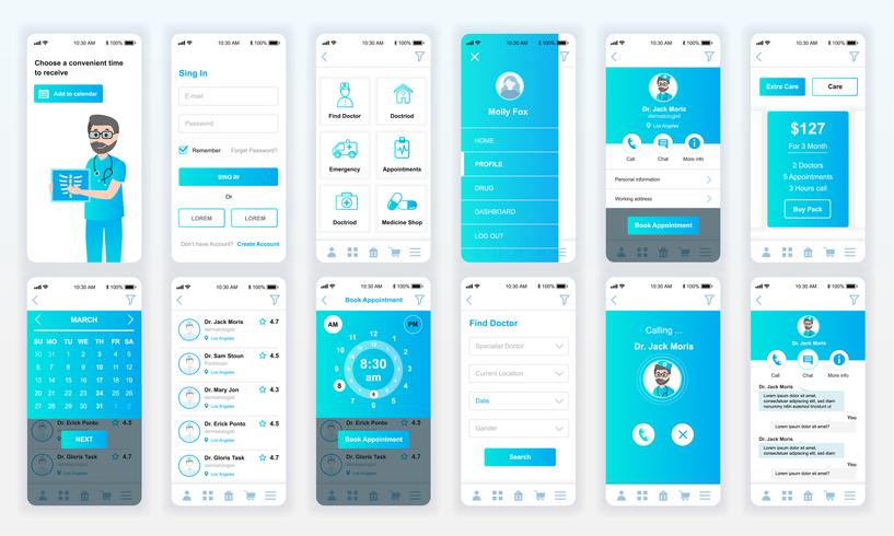 El conjunto de UI, UX, GUI muestra la plantilla de diseño plano de la aplicación de Medicina para aplicaciones móviles, sitios web de alambre sensibles. Diseño web kit de interfaz de usuario. Tablero de la medicina. vector