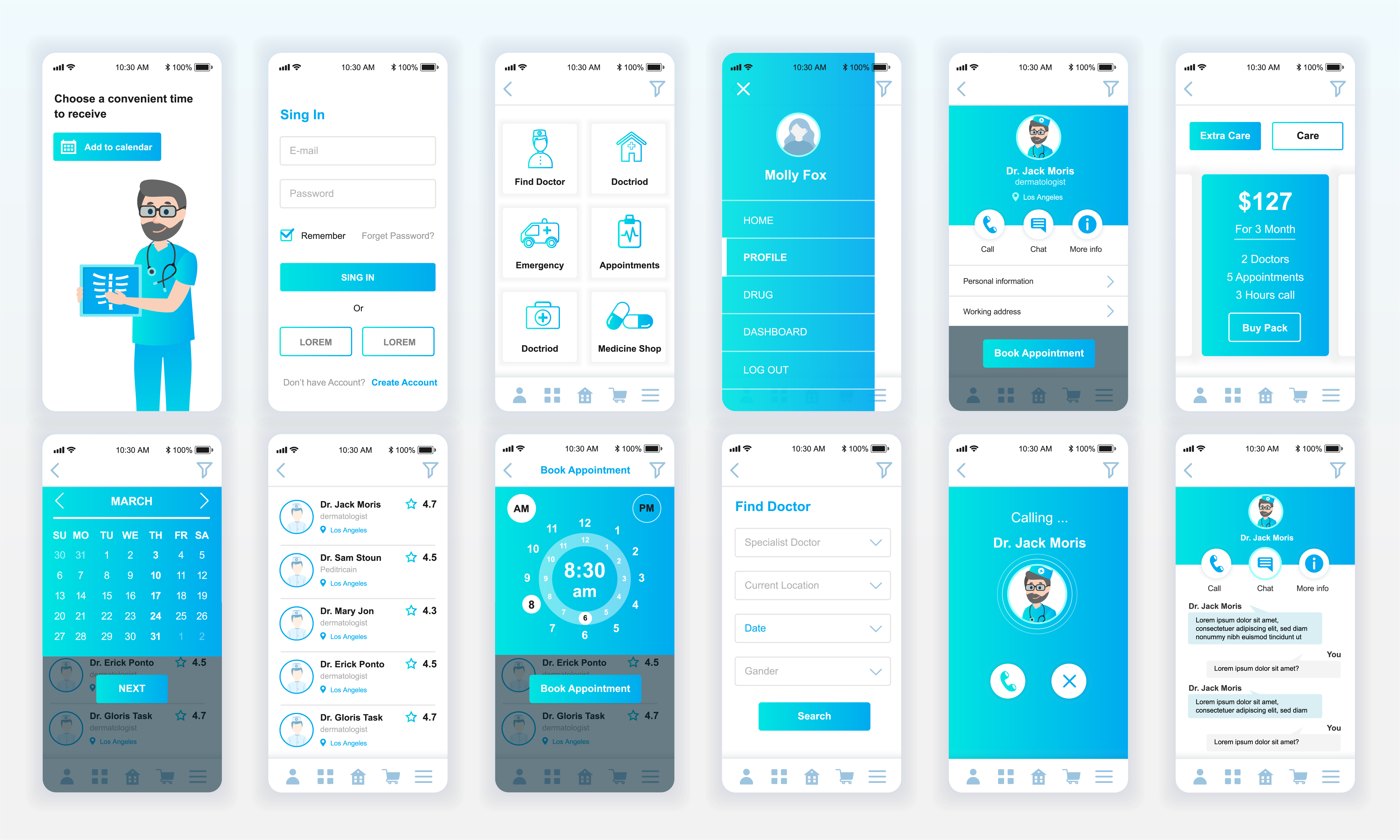 Set of UI, UX, GUI screens Medicine app flat design template for mobile