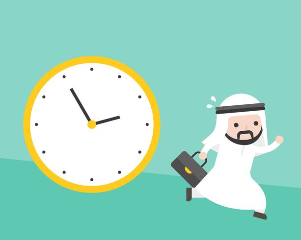 Arab businessman running from big clock follow him vector