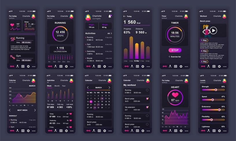 El conjunto de UI, UX, GUI muestra la plantilla de diseño plano de la aplicación de Fitness para aplicaciones móviles, sitios web de alambre adaptables. Diseño web kit de interfaz de usuario. Tablero de ejercicios. vector