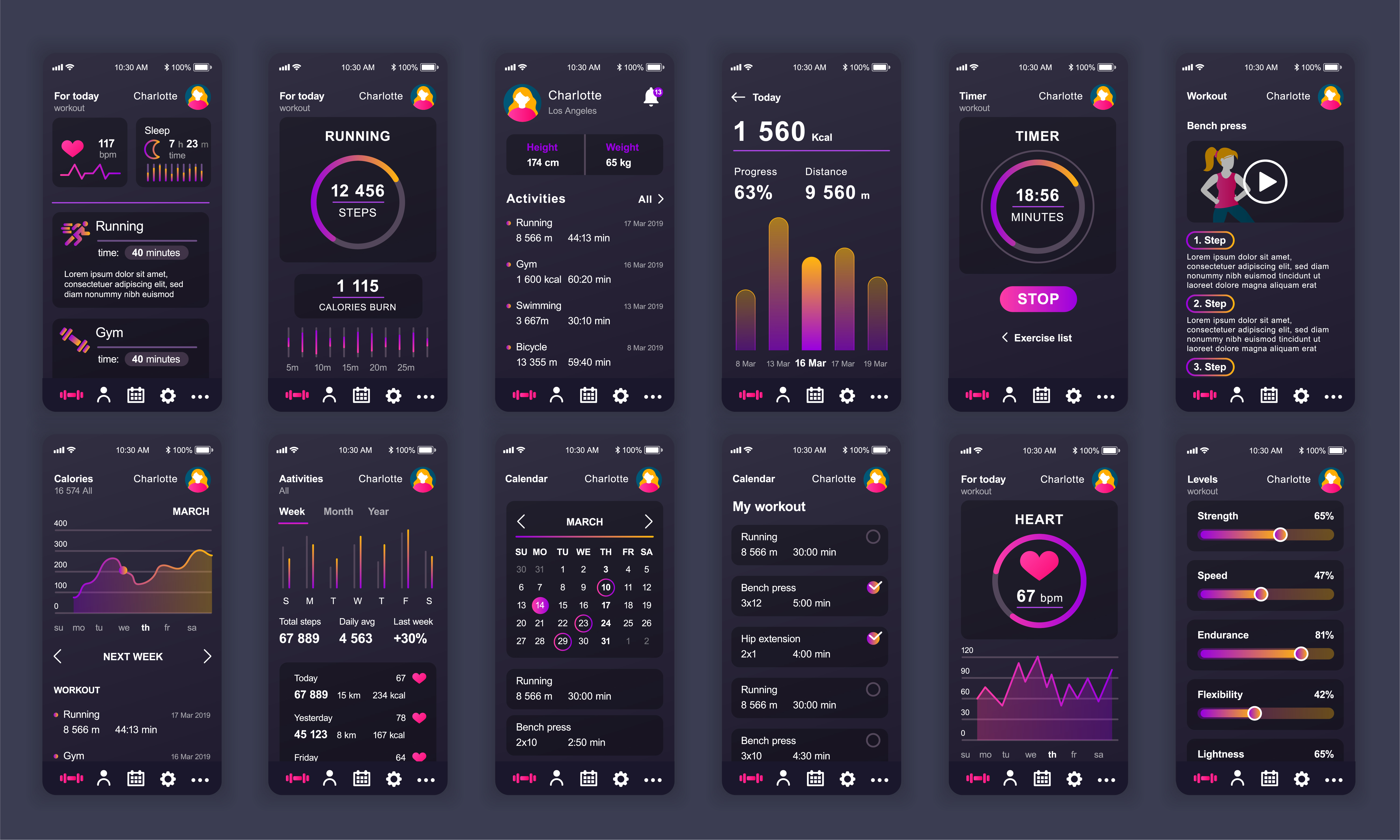 Set of UI, UX, GUI screens Fitness app flat design ...