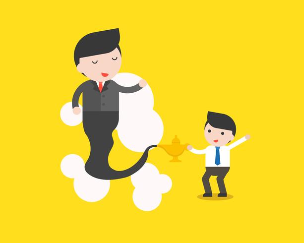 Cute businessman and giant businessman from Arabian lamp, business situation in flat design vector