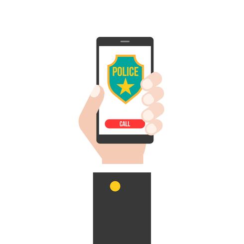 business hand holding smart phone calling police 911 from application, flat design vector