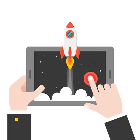 business hand launching rocket from tablet or smart phone vector