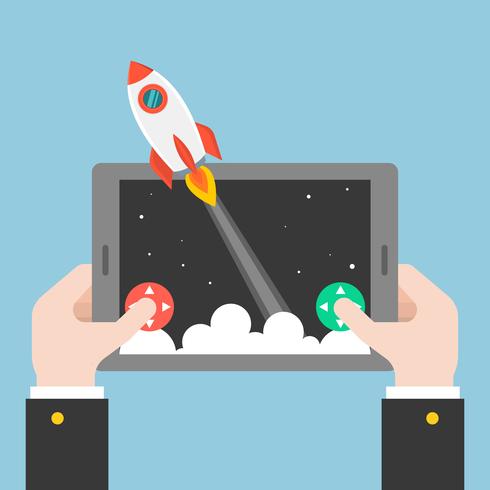business hand launching rocket from tablet or smart phone vector