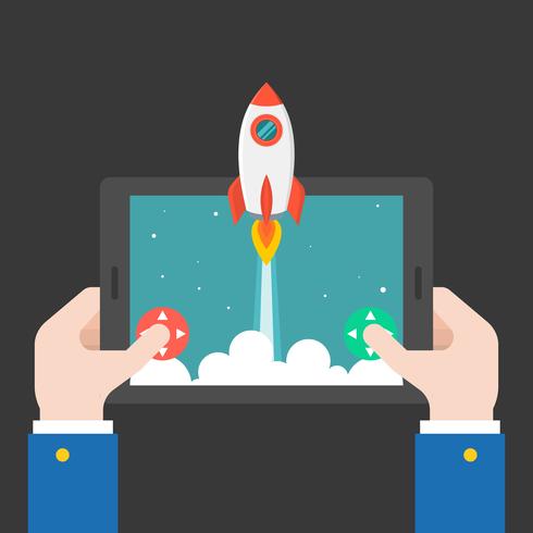 business hand launching rocket from tablet or smart phone vector