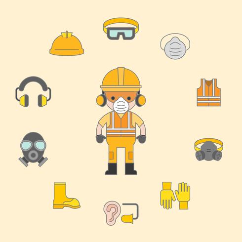 industrial security and protective equipment for worker illustration, filled outline flat design vector