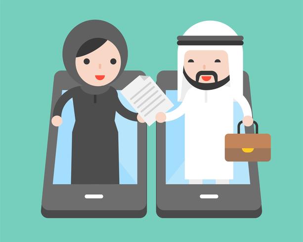 Arab Businessman and arab businesswoman trade document  vector