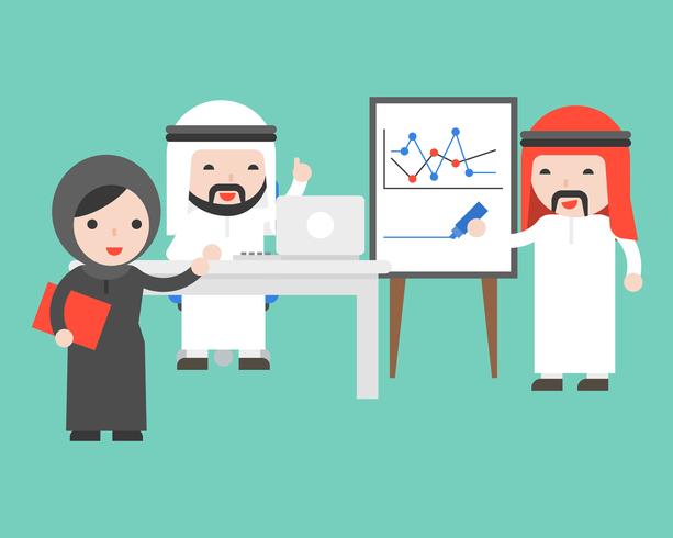 Arab businessman writing graph, using laptop, discuss and conference about company turnover vector