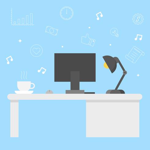 Modern Office desk with computer, coffee and lamp vector