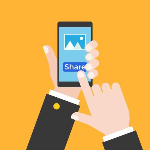 business hand holding smart phone and touch at screen for share photo vector