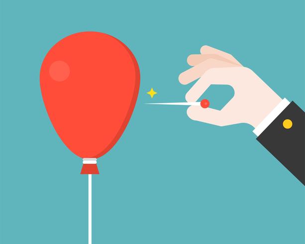 Business Hand with pin try to burst or popping red balloon, flat design  vector