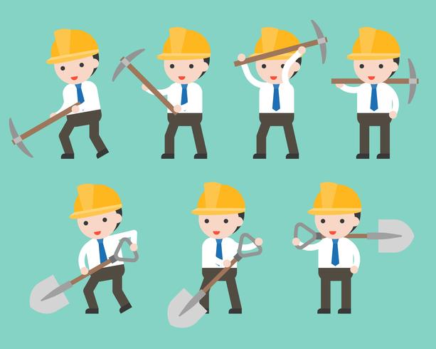 Businessman and worker helmet holding shovel and pick axe  vector