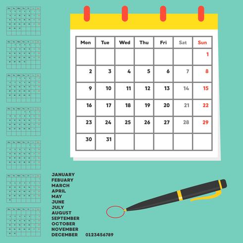 material y plantilla para el calendario, planificador anual y organizador, diseño plano vector