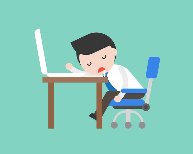 Cute businessman napping on desk at working place, business situation in flat design vector