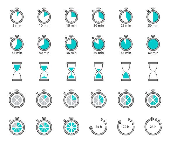 Timer and sand clock icon for use as cooking instruction, outline editable stroke vector