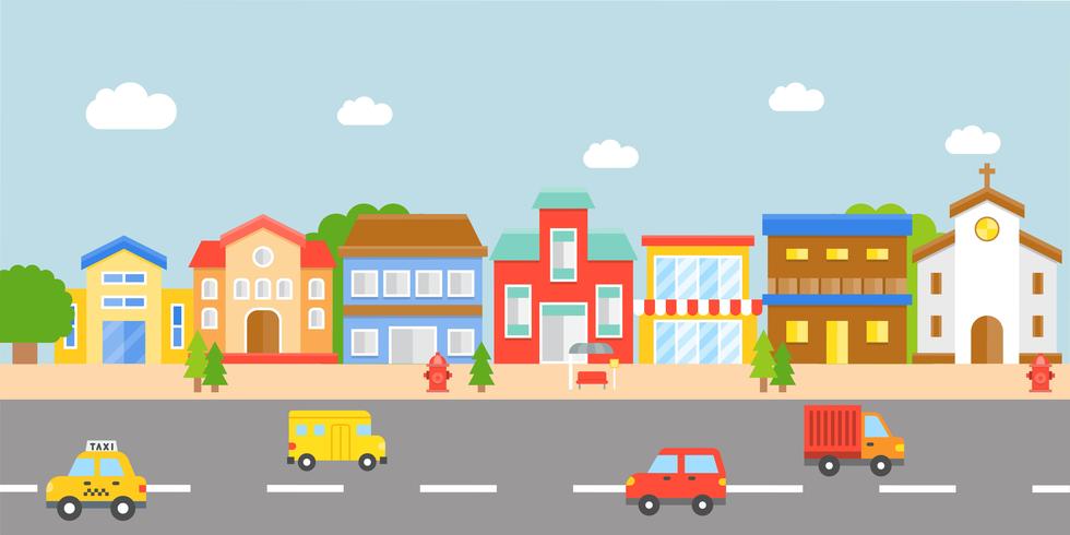 Downtown Landscape, modern village vector flat design