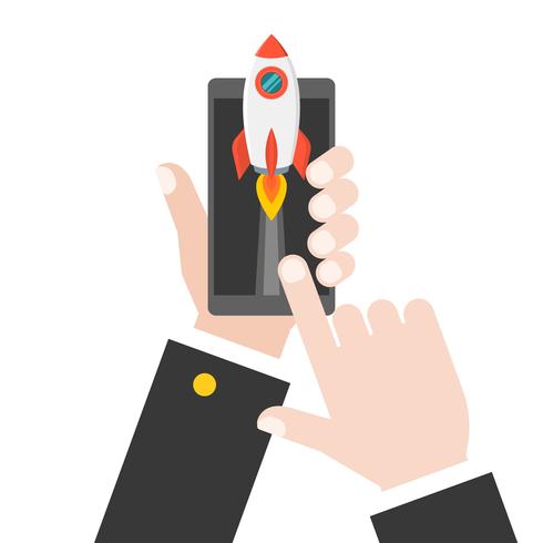 business hand launching rocket from tablet or smart phone vector