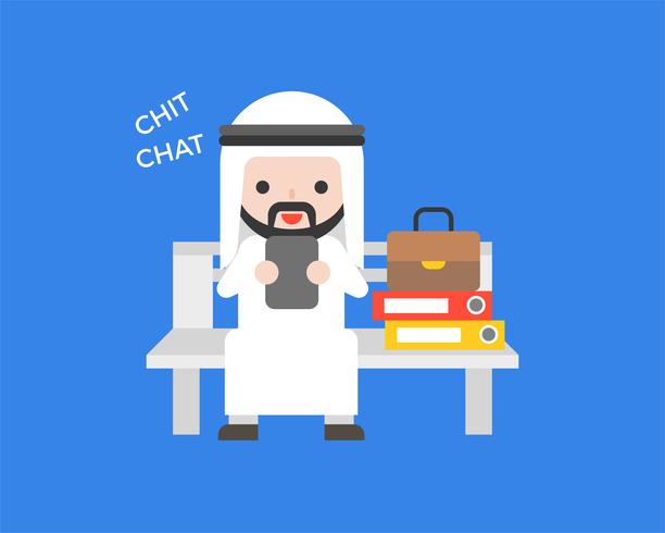 Arab Businessman sit on bench playing cellphone, flat design vector