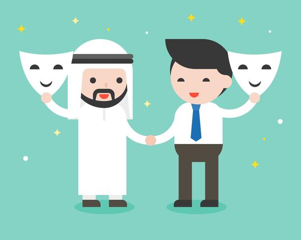 Arab businessman and businessman shake hand and open mask vector