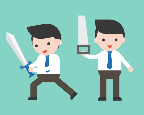 Cute Businessman or manager holding sword and saw, ready to use character vector