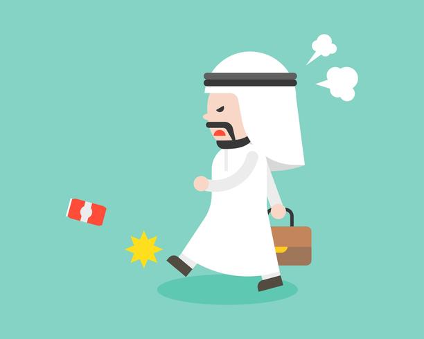 angry Arab businessman walking and kick can, flat design character vector