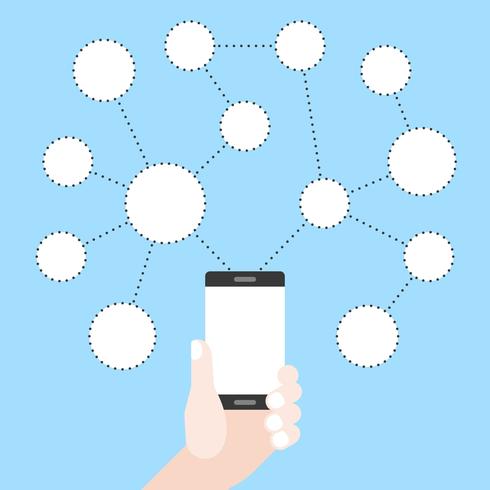 Hand holding mobile phone with blank circle social network graph, flat design vector