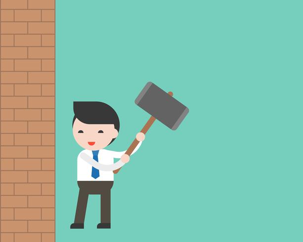 Businessman holing hammer prepare to breakthrough brick wall, freedom concept vector