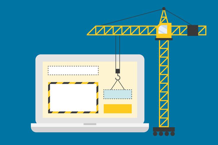 Crane working with website page in laptop screen, under construction concept vector