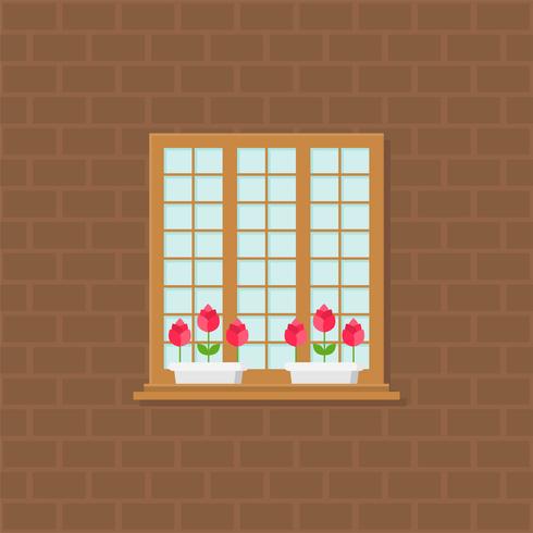 Ventana y maceta en ilustración de pared de ladrillo, diseño plano vector