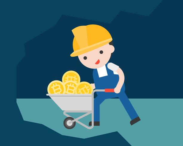 Worker pushing a money cart of bitcoin, cryptocurrency mining concept vector