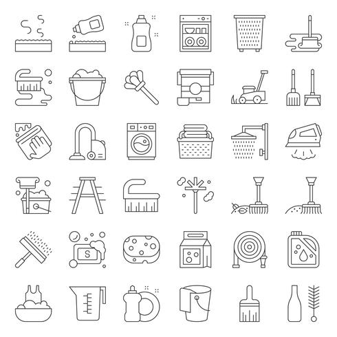 Cleaning and laundry service and equipment outline icon set vector