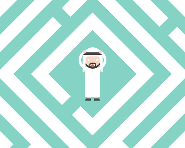 Confused Arab Businessman in labyrinth, flat design solution concept vector