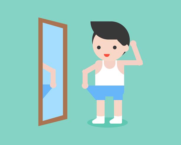 cute businessman seeing himself losing weight and reduce waist size in mirror vector