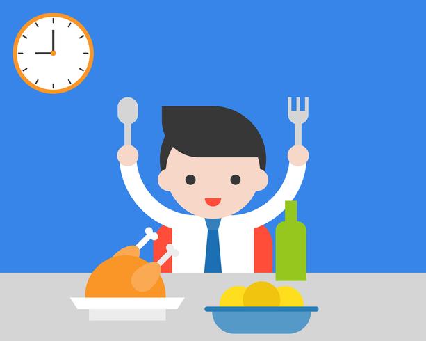 Business man holding fork and spoon eating breakfast, healthy concept flat design vector