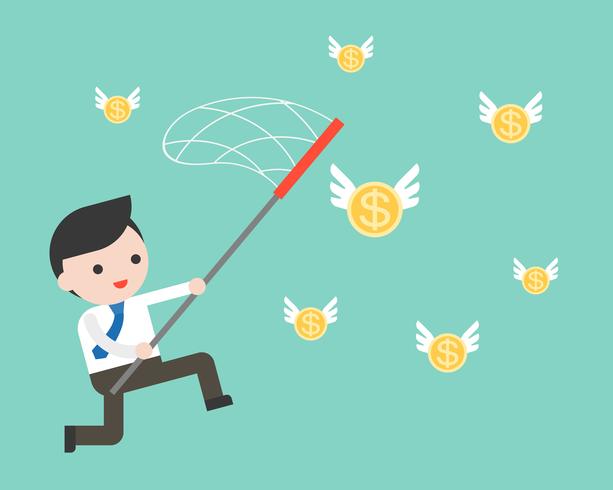 Businessman use net for catching flying gold coins vector