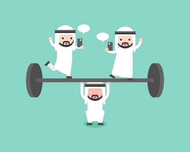 Arab businessman try to weigh lifting barbell with another playing cellphone on barbell vector