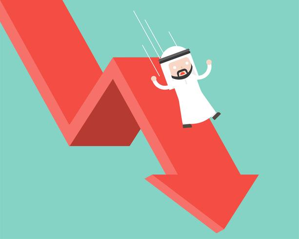 Arab Businessman slide and falling with falling down arrow, business failure concept