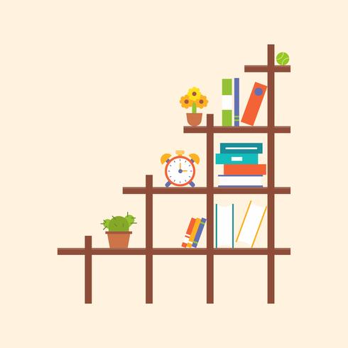 wooden book shelf and element, flat design vector