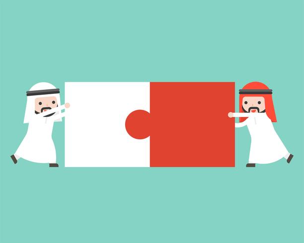 Two Arab businessman connect puzzle pieces, flat design vector