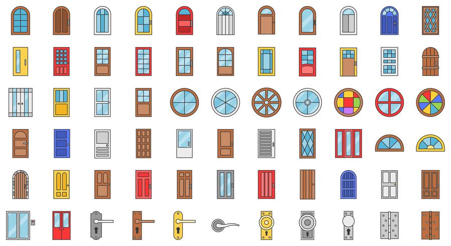 Door and window installation icon set, filled outline vector