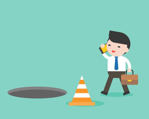 Businessman using cellphone while walking and open manhole vector