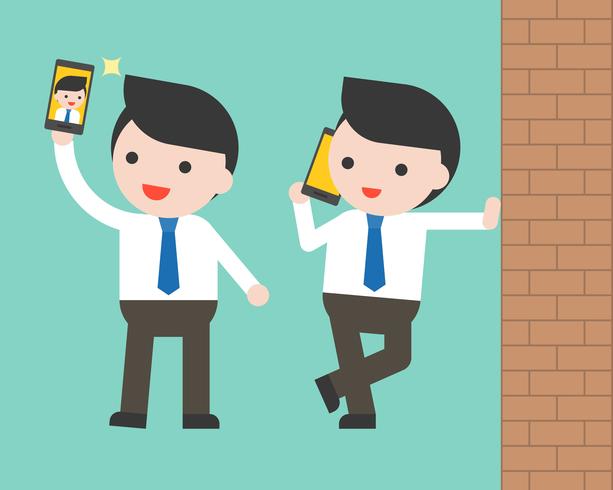 Hombre de negocios usando teléfono celular selfie y pared, listo para usar personaje vector