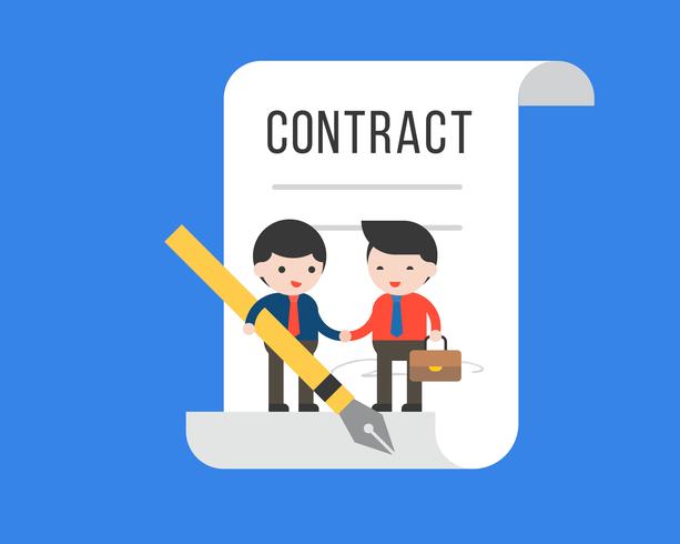 Two tiny businessman make a deal contract, business concept vector