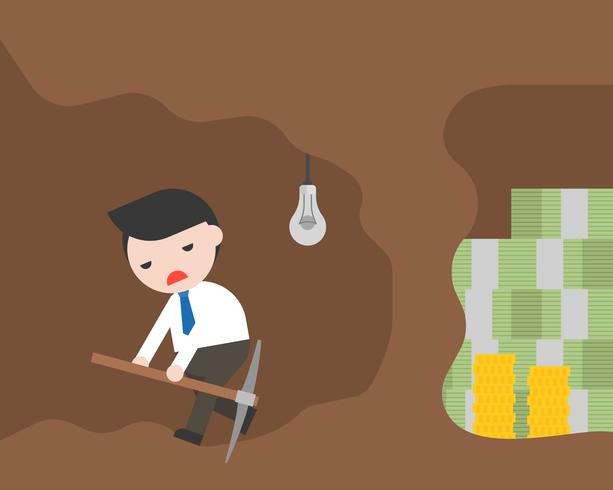 Businessman and pickaxe give up for money mining, failure business concept